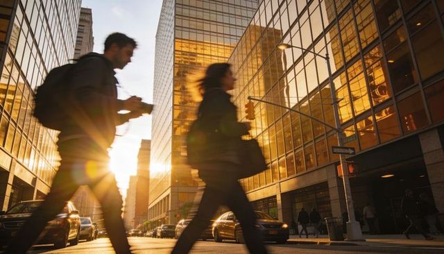 Commuters crossing busy downtown street at sunset with golden glass towers and sun flare