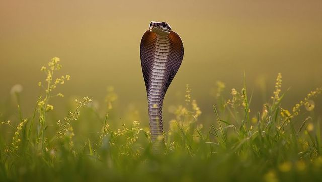 Hooded cobra raising hood in sunlit meadow with golden wildflowers and soft bokeh
