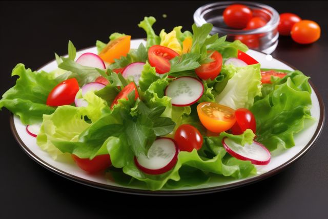 Close up of plate of fresh salad with vegetables, created using generative ai technology. Fresh food and healthy eating concept digitally generated image.