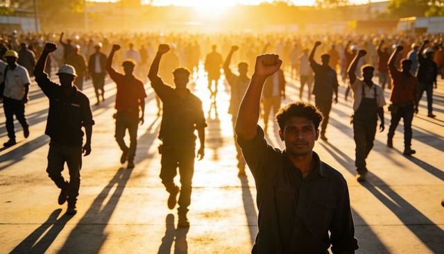 Workers raising fists during sunset march solidarity rally across industrial worksite