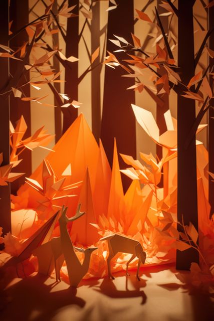 This scene of a paper-crafted deer family in a vibrant orange forest is ideal for showcasing creativity and artistic talent. Perfect for decorating children's books, websites about handcrafted art, or eco-friendly products. Can also be utilized in blogs or articles focusing on sustainability, DIY crafts, or wildlife preservation.