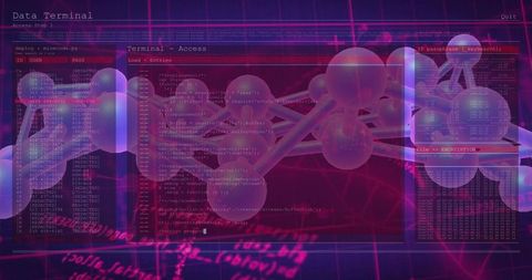 Neon holographic molecular network floating over terminal interface with hex dump overlay
