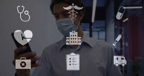 Masked Businessman Engaging with Medical Technology Icons - Download Free Stock Images Pikwizard.com