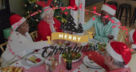 Diverse Senior Friends Celebrating Christmas Dinner with Joy