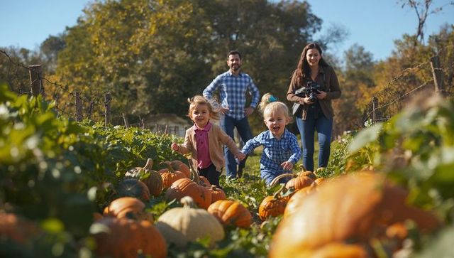 Running preschool children holding hands laughing in pumpkin patch with parents watching