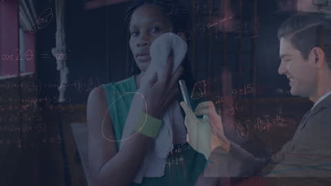 Overlay of Businessman with Digitized Athlete and Mathematical Equations