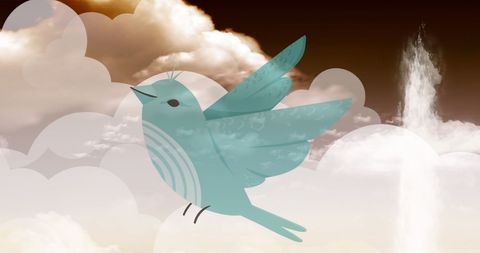 depiction of blue bird soaring peacefully through dreamy clouds suggests themes of freedom and spirituality. ideal for use in contexts involving celebration, such as holy saturday, invitations, event advertising, spiritual workshops, or soothing backgrounds for presentations.
