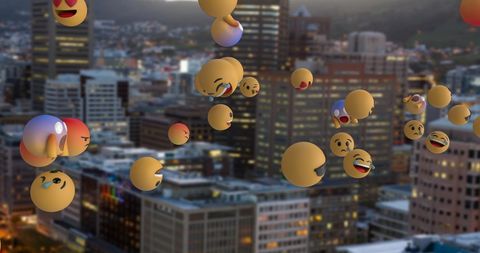 Floating Emojis Over Urban Evening Cityscape