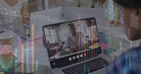Virtual meeting on laptop with financial background in modern office