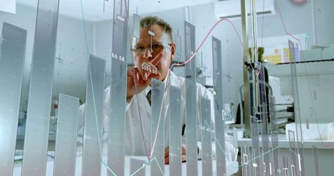 Senior analyst navigating digital financial data in modern office