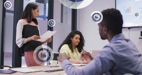 Diverse Business Team with Digital Technology Overlay in Modern Office