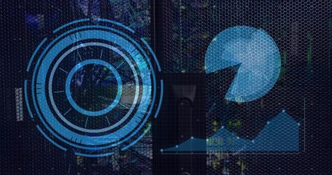 Futuristic blue hud radar overlaying hex mesh and analytics chart on server grille