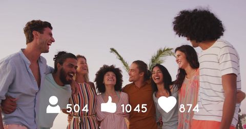 Happy Friends Celebrating on Beach with Social Media Icons