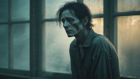 Solemn Figure in Grungy Greenhouse Expressing Vulnerability