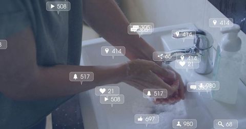 Washing hands with soap while social media icons overlay showing engagement for hygiene
