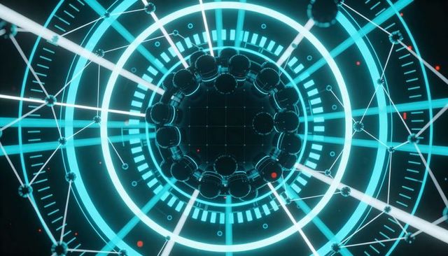 Rotating sphere core inside glowing holographic HUD with neon rings and radial beams