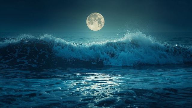 Cresting Ocean Wave Illuminated by Full Moon with Tranquil Night Reflections