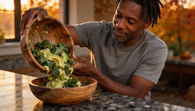 Man pouring kale avocado salad between wooden bowls on sunlit kitchen island at dusk