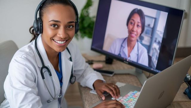 Smiling clinician conducting telehealth consultation at desk with colorful keyboard