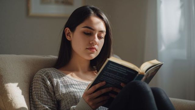 Young woman reading paperback on sunlit sofa wearing knit sweater and leggings