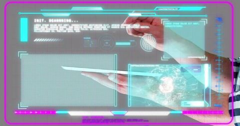 Holding tablet with stylus displaying futuristic holographic interface for augmented reality