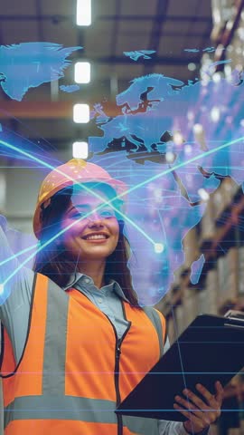 Female Supervisor Using Tablet Projecting Global Logistics Map in Warehouse Depot