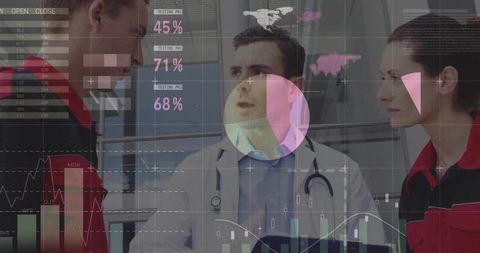Clinician briefing paramedics with medical data overlay, dashboard visualization and charts