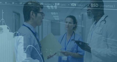 Medical Professionals in Discussion with Financial Data Overlay