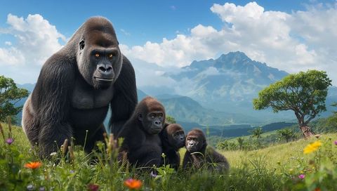 Adult male gorilla guarding three juveniles in wildflower meadow with mountain backdrop