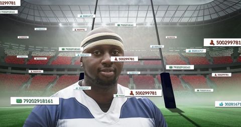 African American Rugby Player Connected by Social Media Icons in Stadium