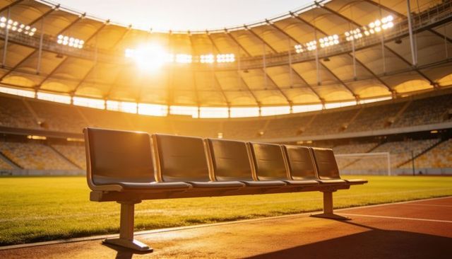 Six-seat bench casting long shadows on running track during golden hour in stadium