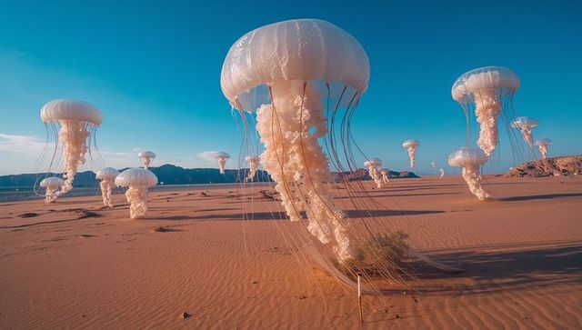 Surreal jellyfish structures floating over desert landscape
