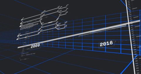 Holographic timeline ribbon visualizing data growth on blue virtual grid 2009 to 2016