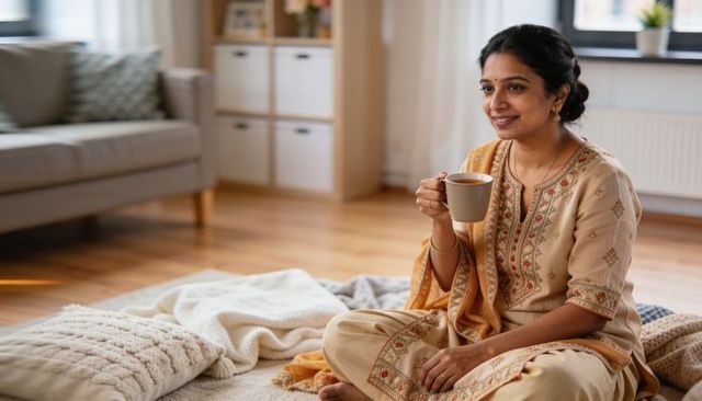 Indian woman in beige kurta and dupatta enjoying tea in cozy living room