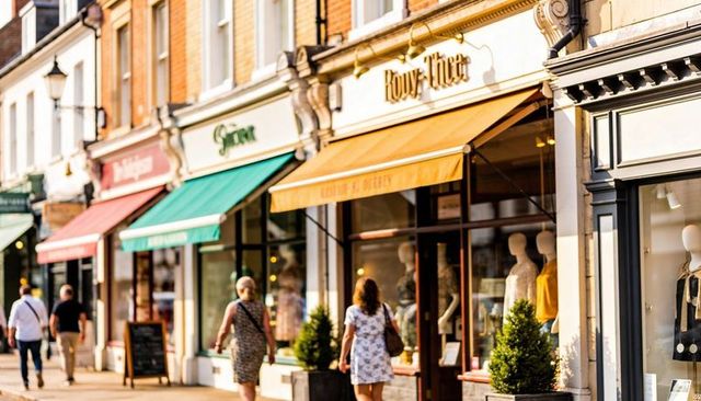 Boutique storefronts in golden light showcasing mannequins with shoppers strolling high street
