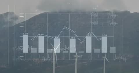 Wind Turbine Energy Output Data Overlay on Mountain Scenery