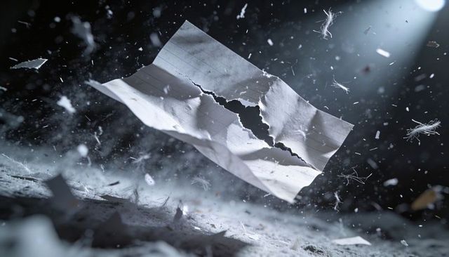 Torn lined notebook sheet floating amid dust and feathers under dramatic studio light