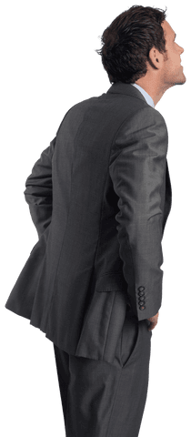 Smiling Businessman in Gray Suit with Hands on Hips on Transparent Background