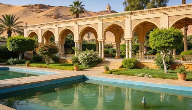 Moorish courtyard with reflecting pool and ornate arched colonnade in desert oasis
