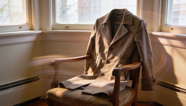 Sunlit tan wool overcoat draping over vintage armchair at bay window, warm interior mood