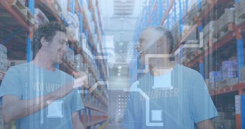 Volunteer Team with Digital Interface in Warehouse Setting