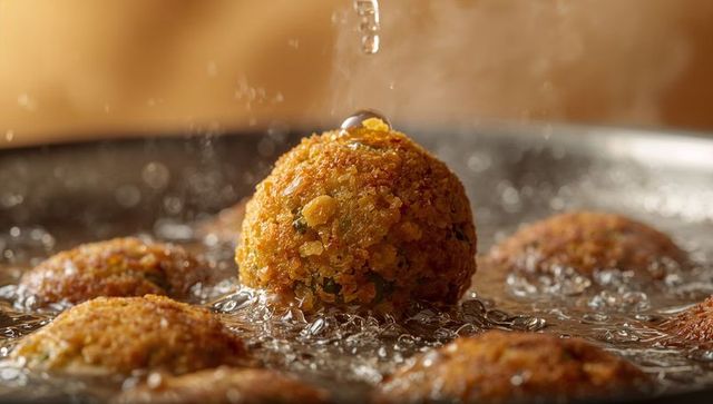 Crispy golden breaded herb fritter sizzling in hot oil with bubbling pan and crisp crust