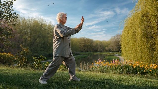 Senior woman practicing tai chi by pond at sunrise for gentle qigong exercise in park