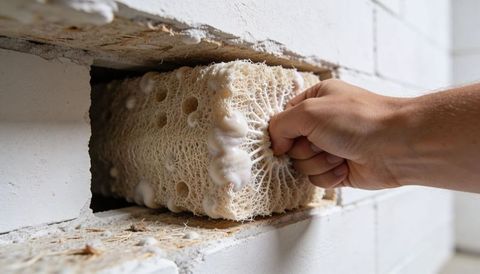 Hand extracting fibrous insulation block from masonry wall with expanding foam residue