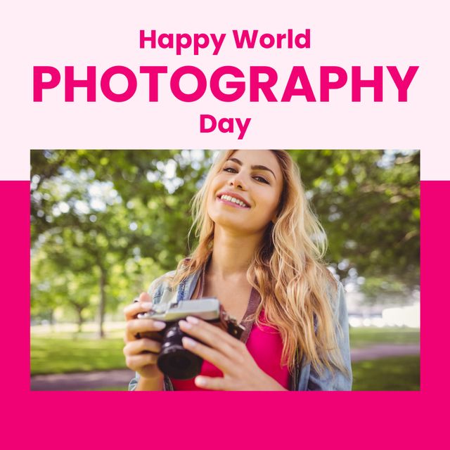 Perfect for celebrating World Photography Day with a cheerful image of a woman holding a camera in a sunny park. Ideal for use in social media posts, photography blogs, and promotional materials for photography events.
