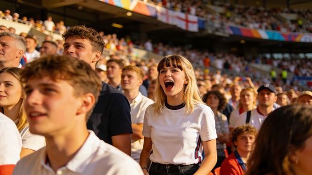 Cheering young woman in stadium crowd during england match, sunlit passionate supporter