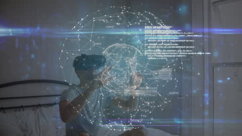 Person Engaging with Virtual Reality Hologram in Futuristic Room