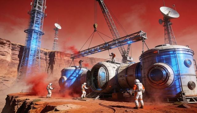 Mars outpost crew assembling habitat modules with crane and satellite towers