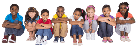 Diverse smiling children sitting together on transparent background