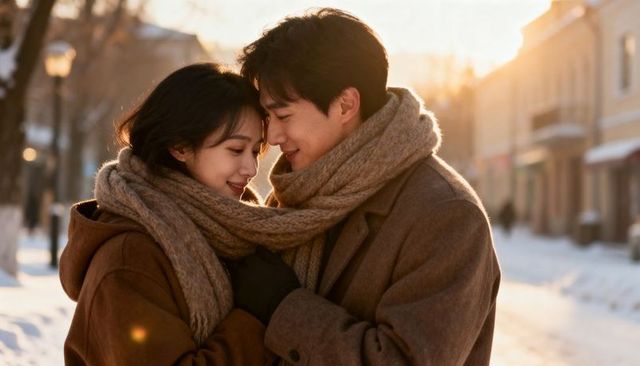 Young couple sharing warm winter embrace on snowy street at golden hour backlight